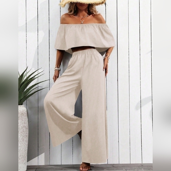 Solid Color Simple Daily Off-Shoulder Long Pant Suit, 2pcs - Picture 4 of 4